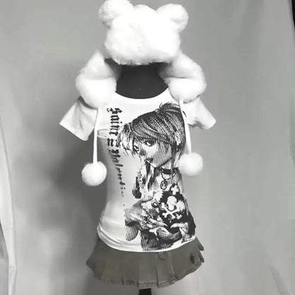 Tricou Streetwear Y2K Print Text Femei - detaliu material