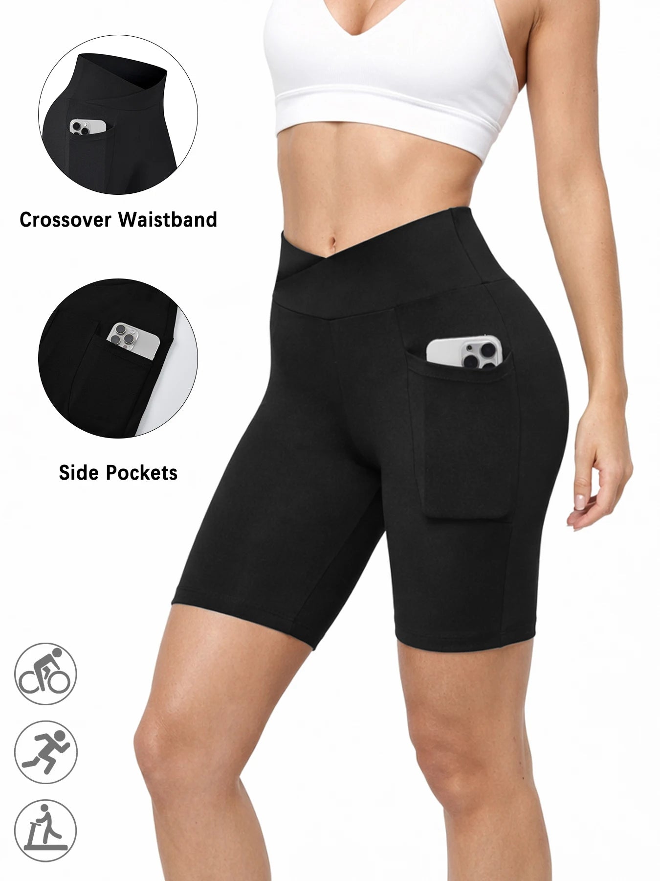 Pantaloni scurți sport biker negri high waist femei