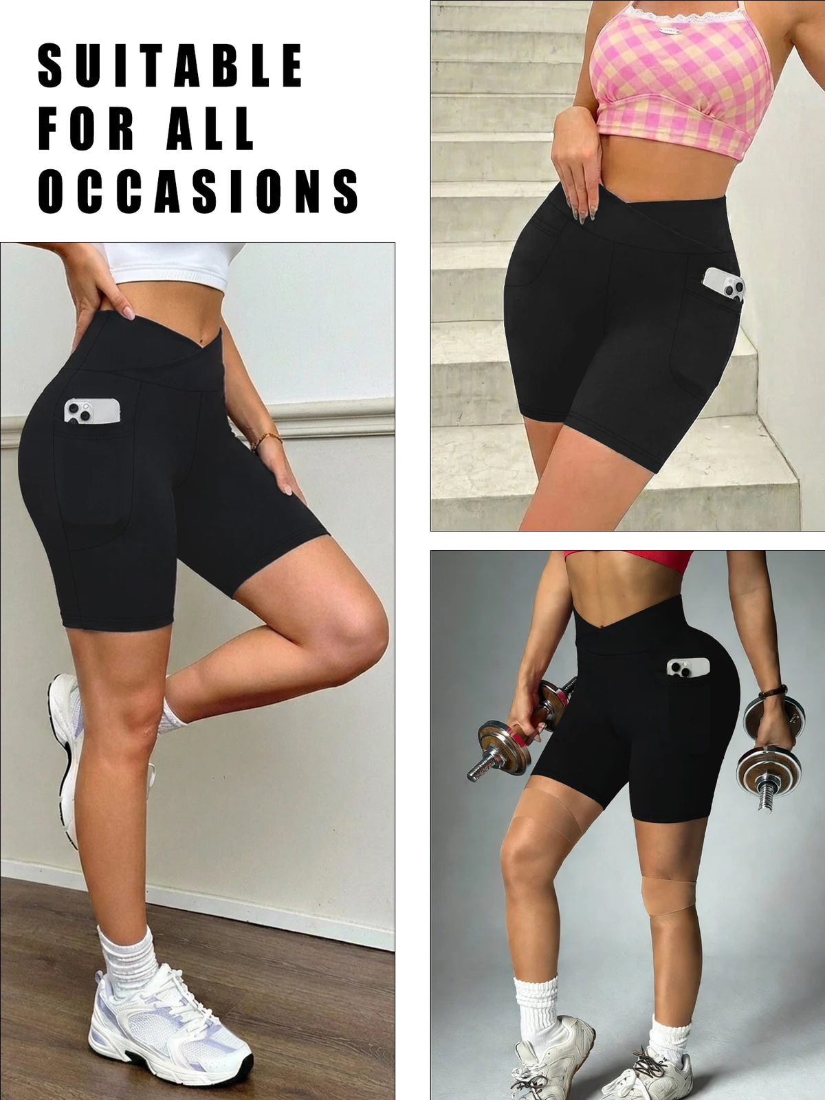 Pantaloni scurți biker negri purtați de model în mișcare